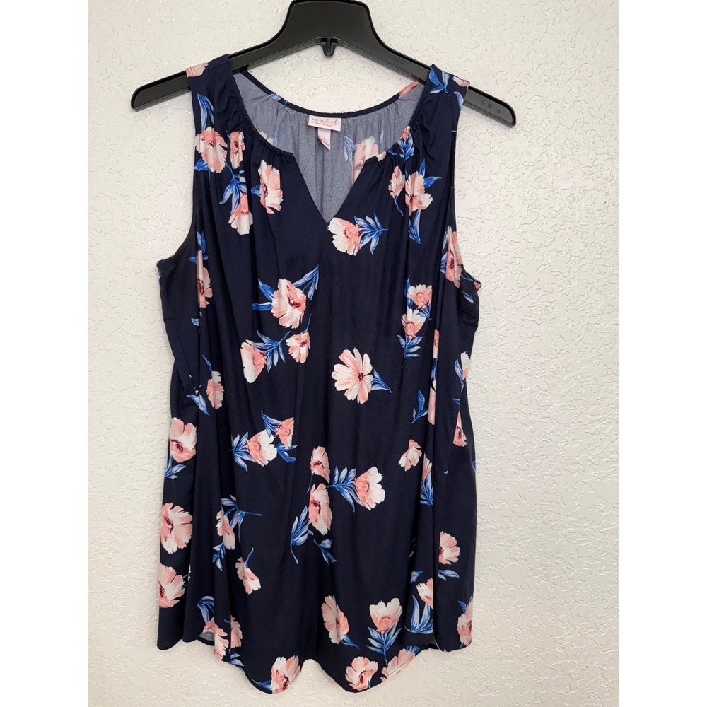 Isabel Maternity Navy Pink Floral Split Neck Sleeveless Rayon Blouse Large